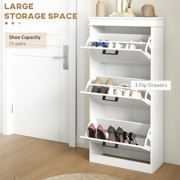 English Elm Homcom Slim Shoe Cabinet For Entryway Storage, 3 Flip Drawers & Adjustable Shelves For 15 Pairs, White W2225P229500