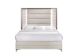 English Elm STAR White Solid Wood Bed with Upholstered Headboard, Built-In LED Lighting, Modern Design Queen B201S00087
