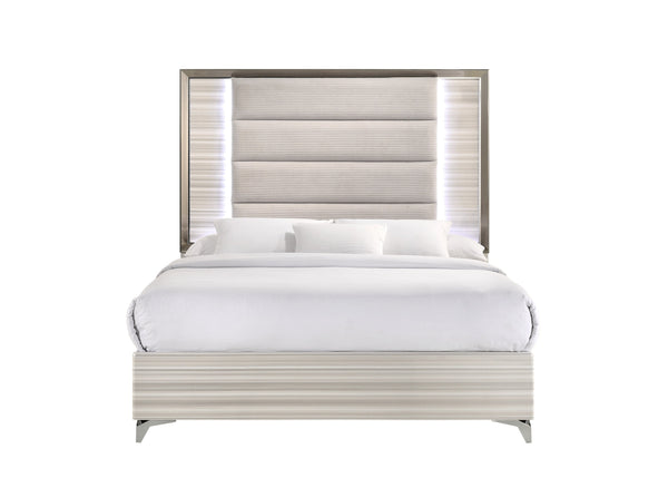 English Elm STAR White Solid Wood Bed with Upholstered Headboard, Built-In LED Lighting, Modern Design Queen B201S00087