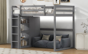 English Elm Wood Full Size Loft Bed with Built-in Wardrobe, 4-Tier Storage Shelves, LED Light, Pine MDF Durable Gray GX000463AAE