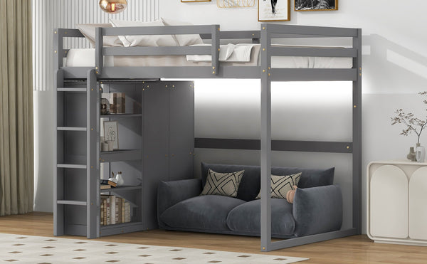 English Elm Wood Full Size Loft Bed with Built-in Wardrobe, 4-Tier Storage Shelves, LED Light, Pine MDF Durable Gray GX000463AAE