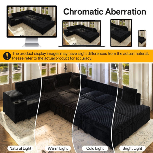 English Elm 110.2" Corduroy Sectional Sleeper Sofa with Ottoman Usb Ports Storage Armrests Living Room Black W3219S00014