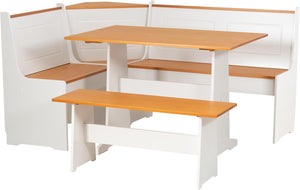 English Elm L shape 3 Piece Dining Table Set Orange with Gray Upholstered Corner Bench, MDF, U-Leg Support (95) W295P303807