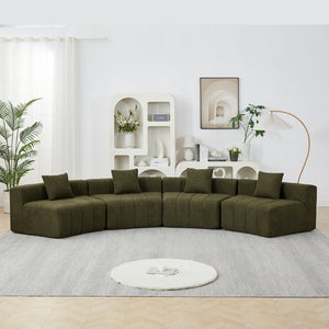 English Elm Two Curved Chenille Sectional Sofa with Sculptural Modular Design and Four Throw Pillows Green W834S00577