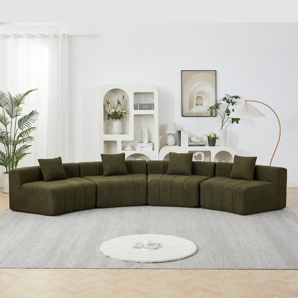 English Elm Two Curved Chenille Sectional Sofa with Sculptural Modular Design and Four Throw Pillows Green W834S00577
