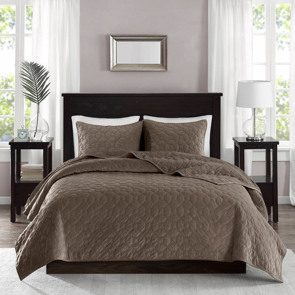 JLA Home Madison Park - 3 Velvet Quilt Set with Plush Geometric Quilting, Antimicrobial Finish, Silky Soft 3-Piece Bedding Taupe MP13-3306