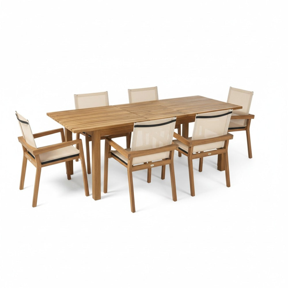 English Elm 7 Piece Solid Acacia Wood Outdoor Dining Set Extendable Table Six Mesh Armchairs N762S000003AAA