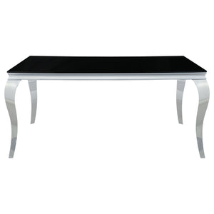 English Elm Belt Black Mirrored Dining Table with Shiny Rectangular Glass Top and Curved Mirrored Metal Legs, Modern Glam Scene B062S00797