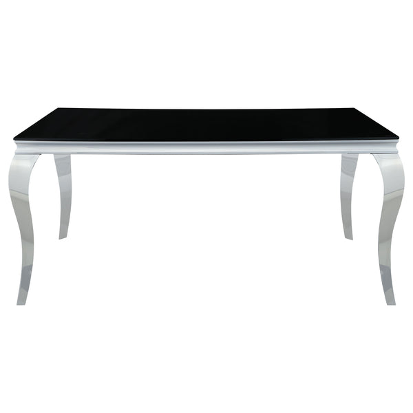 English Elm Belt Black Mirrored Dining Table with Shiny Rectangular Glass Top and Curved Mirrored Metal Legs, Modern Glam Scene B062S00797