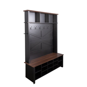 English Elm ON-TREND Farmhouse 4-in-1 Hall Tree with 6 Hooks, Walnut Bench, 16 Compartments, Rustic Entryway Organizer Black N721P264915B