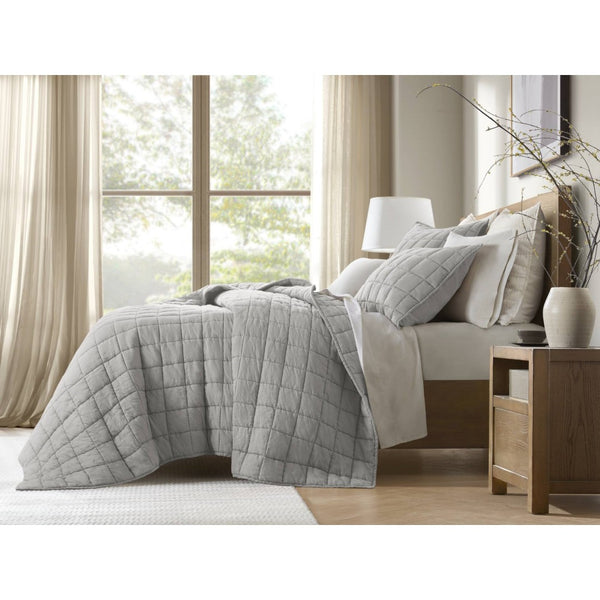 English Elm 3-piece French Linen Quilt Set King Garment Washed Box Stitch Breathable Bedding B035P408300