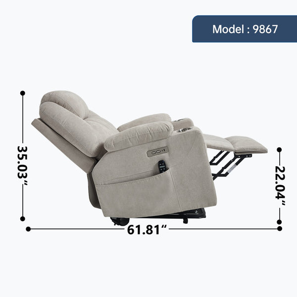 English Elm Up to 350 Lbs Chenille Power Lift Recliner with Massage Heating and Usb Charging Ports Beige W3224S00027