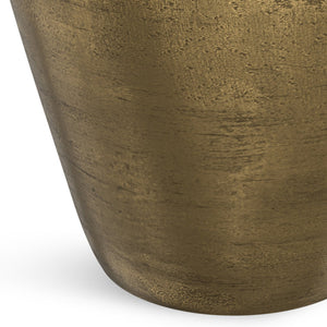 English Elm Cavan Cast Aluminum Side Table in Antique Brass — Handcrafted Asymmetrical Drum Accent Table, 21.75" B136P239036