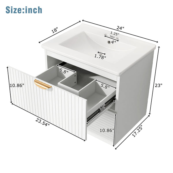 English Elm Modern 24-Inch Wall-Mounted Bathroom Vanity with 2 Drawers, Gold Handles, Space-Saving Luxury White WF324047AAK