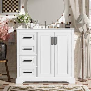 English Elm 36" Modern Bathroom Vanity with Ceramic Sink, Soft-Close Doors, 3 Drawers & Ample Storage for Small Baths White N729P280194K