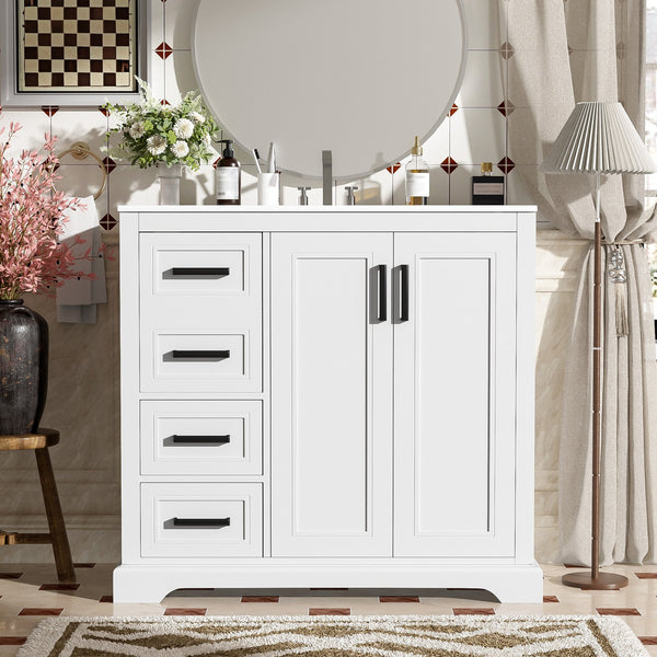English Elm 36" Modern Bathroom Vanity with Ceramic Sink, Soft-Close Doors, 3 Drawers & Ample Storage for Small Baths White N729P280194K