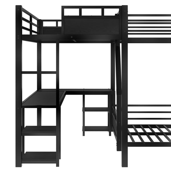 English Elm L-Shaped Metal Bunk Bed With Slide, Twin Loft, Desk & Storage Shelves - Space-Saving Design In Black! W1580S00278