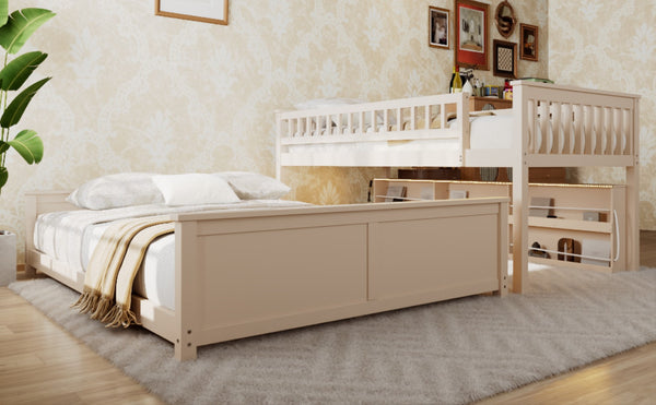English Elm Twin Xl Over Queen Bunk Bed with Led Lighting Shelving and Pegboard Pinewood Frame Beige LT000280AAA