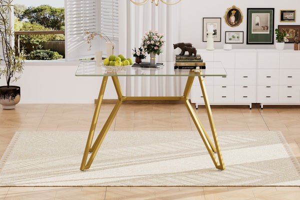 English Elm 47.3-inch Glass Dining Table with Gold Metal Legs, Modern 47.3"L x29.5"W x30.3"H, Seats 1-6, 200 lb Capacity W1162P306711