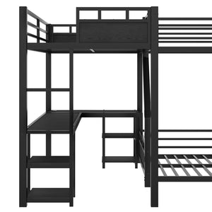 English Elm L-shaped Metal Triple Bunk Bed with Slide Desk and Storage for Shared Kids Rooms W1580S00568