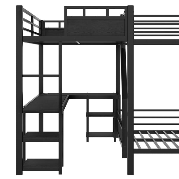 English Elm L-shaped Metal Triple Bunk Bed with Slide Desk and Storage for Shared Kids Rooms W1580S00568