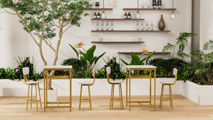 English Elm Bar bar table set of 3 with 2 backrest stools and partition — durable iron frame, modern counter dining solution White+Gold W578P303856