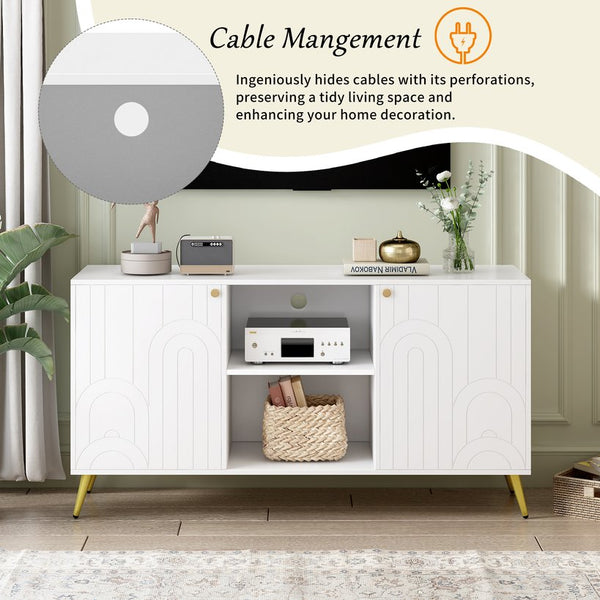 English Elm VIBE Modern TV Stand for TVs up to 55" — Luxe MDF Console with Gold Metal Legs, Adjustable Shelf, Anti-Tip Device White N724P198518K