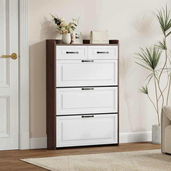 English Elm 1250 Walnut Shoe Cabinet with 3 Drop-Down Doors & 2 Drawers, Slim MDF Design, Dust-Free Storage W1320P235682