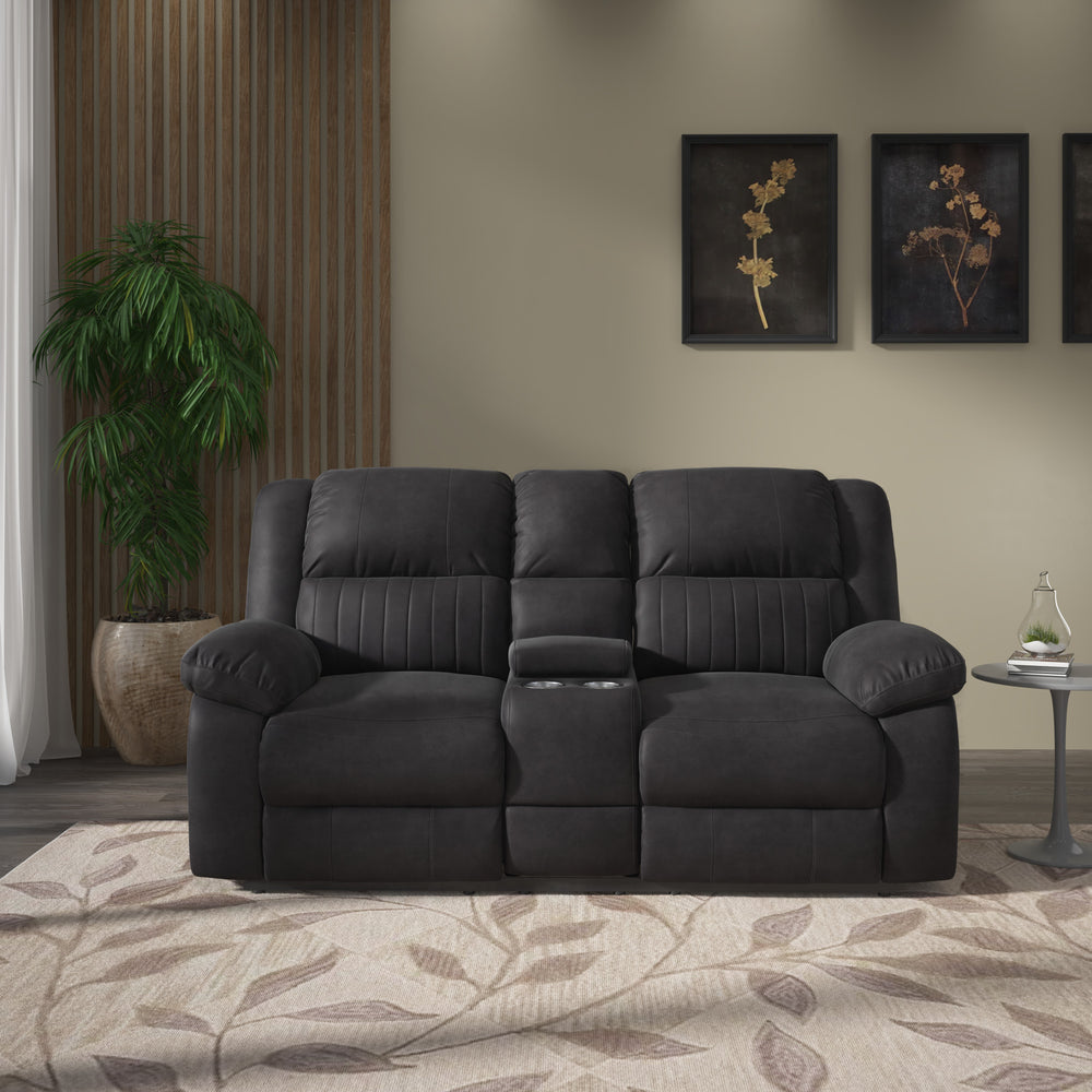 English Elm Wallace & Bay - Black Reclining Console Loveseat - Contemporary Black Licorice Fabric, Easy-Care, Space-Smart Comfort B361P384413