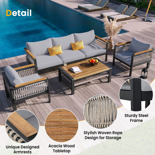 English Elm 4 Pieces Outdoor Sectional Sofa Set with Water-Resistant Cushions, Woven Rope Detail & Acacia Table Grey N719Z000130E