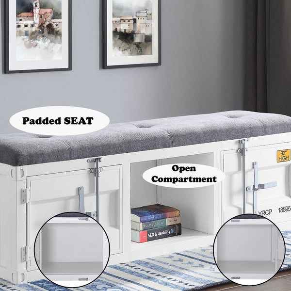 English Elm Cargo Industrial Storage Bench with Padded Seat, Metal Doors & Open Compartment for Entryway Decor Gray,White 61 L x 19 W x 10 H B2726P263373