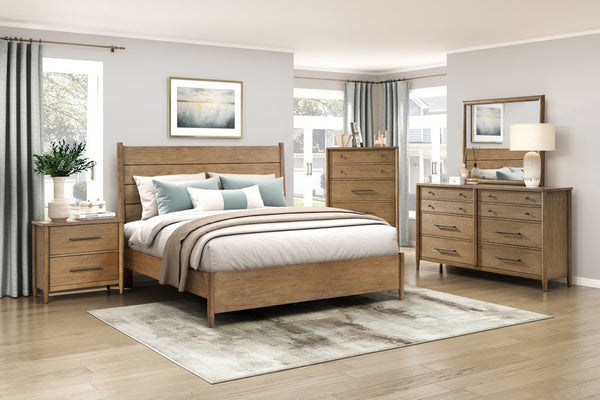 English Elm Modern Hickory Veneer Queen Bed with Tall Headboard and Removable Upholstered Cushion B011S02164