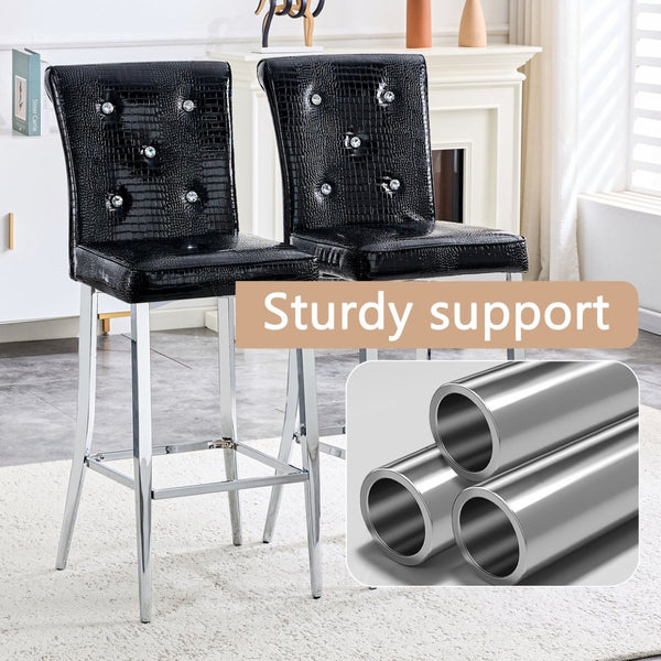 English Elm A Set of 2 Crocodile Embossed Pvc Barstools with Crystal Clasp Detail for Home Bars Black W3875P383114