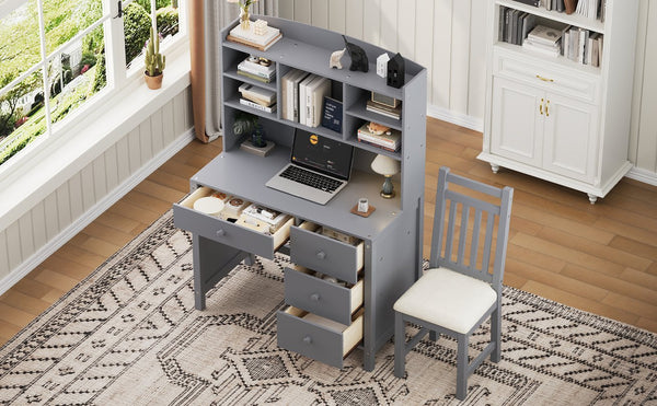 English Elm Vintage 40'' Home Executive Desk Set with Upholstered Chair and Built-In Bookshelf for Stylish Productivity Gray 44 L x 23 W x 13.5 H N733P272894E