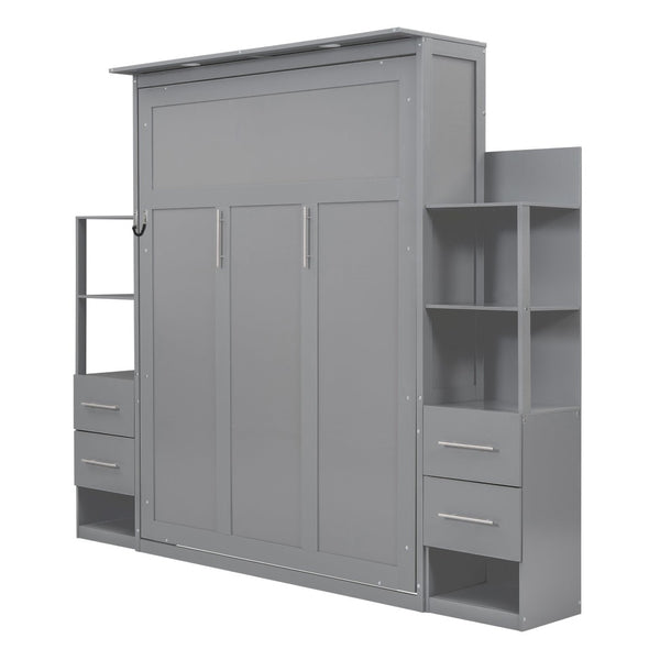 English Elm Queen Murphy Wall Bed with Led Lighting Open Shelves Drawers Space Saving Cabinet LP000566AAE-2