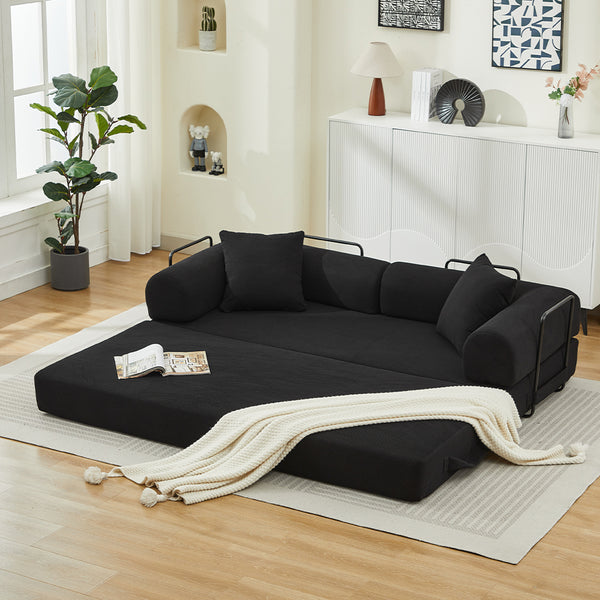 English Elm Folding Sofa Bed Corduroy 3-Seater Convertible Couch Bed with Foam Spring Mattress and Pillows for Living Room Black W2915P343896