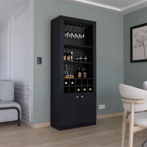 English Elm Nero 74-Inch Tall Bar Cabinet — Modern Black Liquor & Wine Storage with 10-Bottle Cubbies, Stemware Rack, 4 Shelves B200P188833