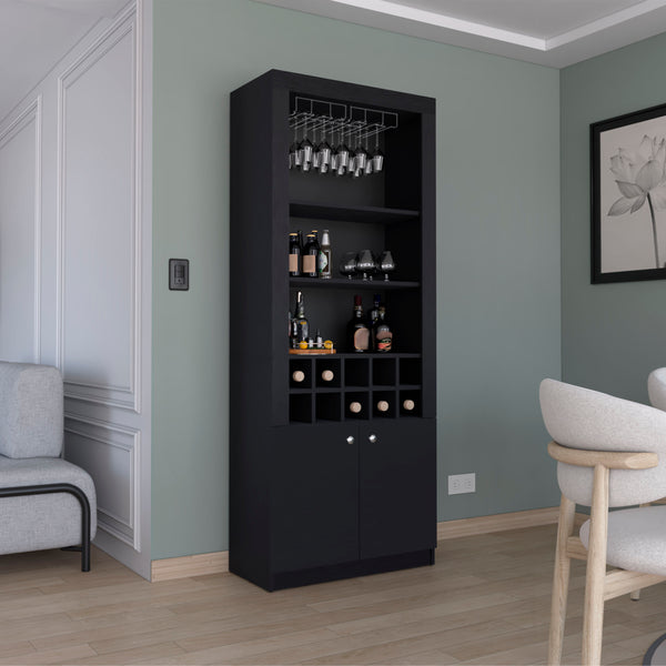 English Elm Nero 74-Inch Tall Bar Cabinet — Modern Black Liquor & Wine Storage with 10-Bottle Cubbies, Stemware Rack, 4 Shelves B200P188833