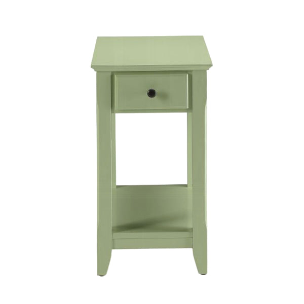 English Elm Wooden Transitional Rectangular Side Table with Slim Footprint, Open Shelf and Single Smooth Drawer Light Green B016P310253