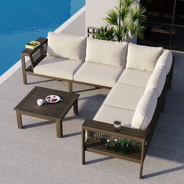 English Elm GO 4 Pieces Outdoor Acacia Wood Sofa Set with Removable Cushions, Woven Armrests & Coffee Table Beige,Grayish Brown N704G201249A
