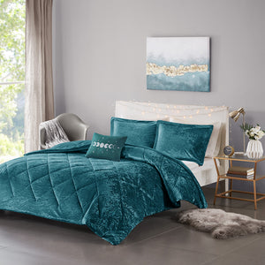 JLA Home Intelligent Design - Velvet Crushed Velvet Duvet Cover Set with Quilted Diamond Texture, Button Closure, Luxe Feel Teal ID12-1907