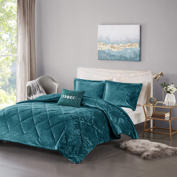 JLA Home Intelligent Design - Velvet Quilted Diamond Comforter Set with Oblong Pillow - Luxurious Crushed Velvet, Hypoallergenic Warmth Teal ID10-1905