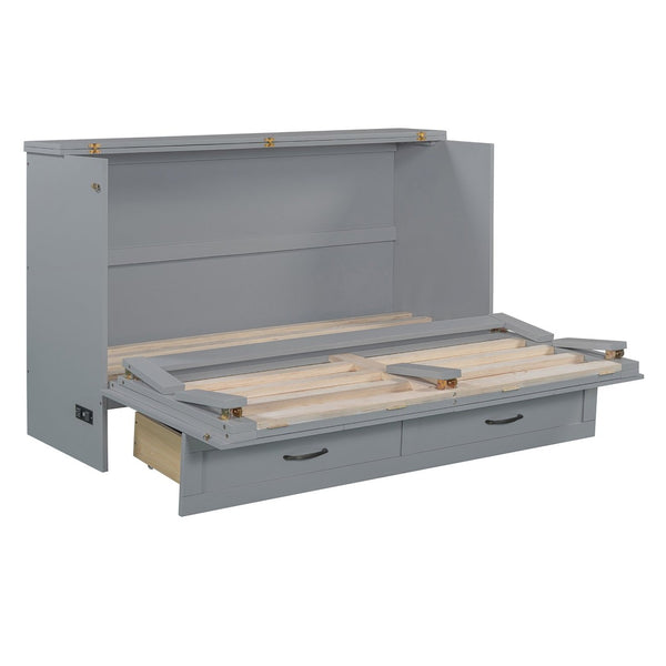 English Elm Queen Murphy Wall Bed with Usb Ports Storage Drawers and Cabinet Style Panel Front Gray N708S00010E