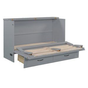 English Elm Queen Murphy Wall Bed with Usb Ports Storage Drawers and Cabinet Style Panel Front Gray N708S00010E-1
