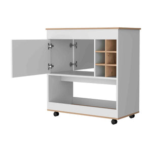 English Elm Seattle Tall Bar Cabinet with Eight Bottle Cubbies Open Shelving and Enclosed Storage B128P322513