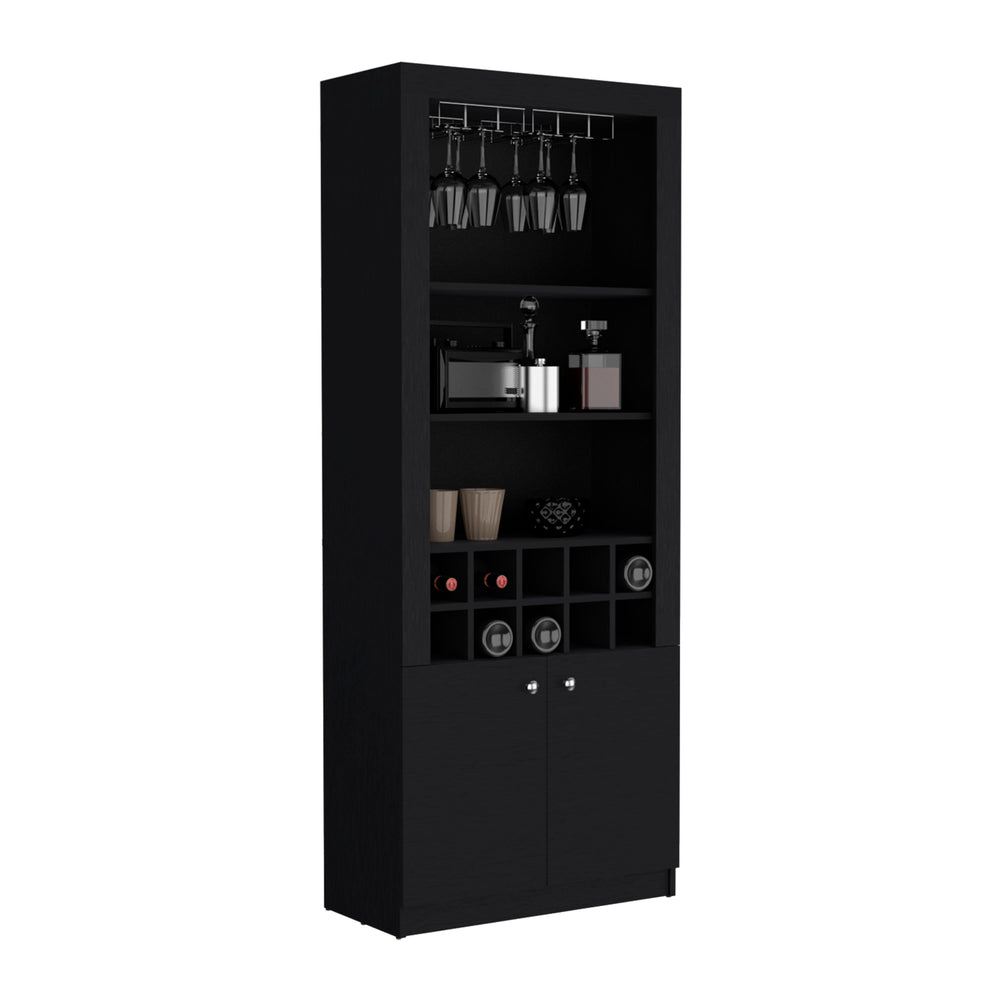 English Elm Cabinet Black 4-Tier Wine & Liquor Storage with Stemware Rack, 15-Bottle Cubbies, 4 Shelves, Tall B097P221378