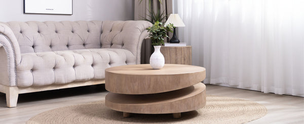 English Elm Modern Round Wood Coffee Table 31.3" Natural Finish Two-Tier Floating Accent Table for Living Room W2729P270755
