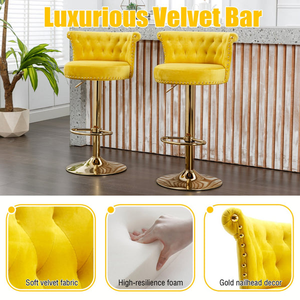 English Elm UNITED Velvet 360° Rotating Bar Chair with Diamond Stitching, Gold Frame, Plush Foam Seat, Adjustable Height Yellow W1568P361719