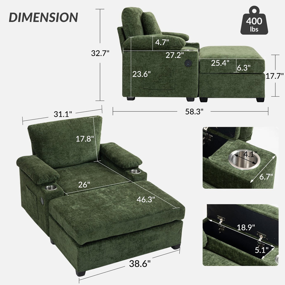 English Elm Ergonomic Oversized Chair with Ottoman Firm Chenille Support, Reclining Sofa Bed, Cupholders & USB Green W2606P293158