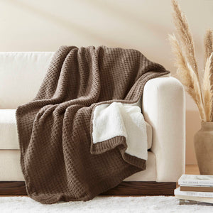 JLA Home Madison Park - Waffle Chenille Throw with Sherpa Reverse for Cozy Warmth, Textured Waffle Knit, Machine Washable Brown MP50-8272